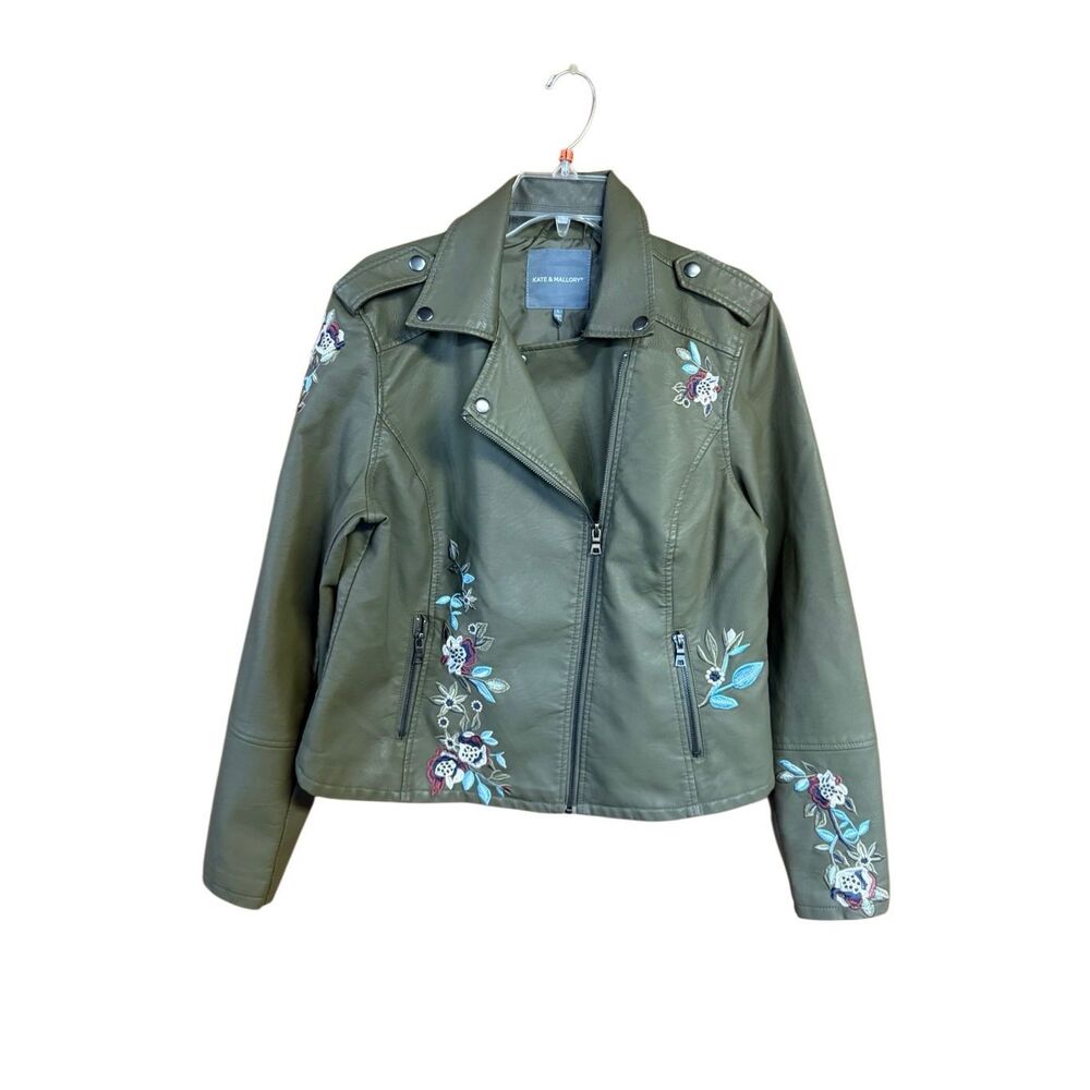 Kate & Mallory olive green faux leather/embroidery moto jacket Sz L